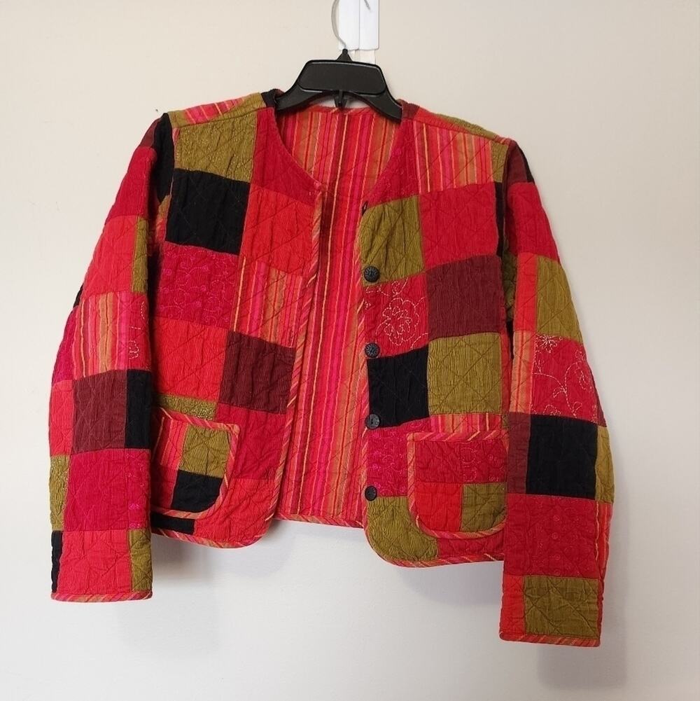 VTG-Reversible Quilted Patchwork Jacket | Boho Kantha Style Buttonfront coat